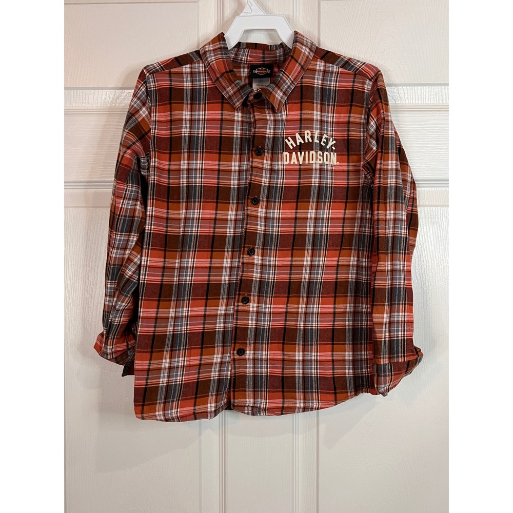 Harley Davidson Flannel Shirt Kids Orange Plaid Graphic Button Down - 8/10